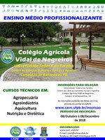 Processo Seletivo para 200 vagas nos cursos técnicos em Agropecuária, Agroindústria, Aquicultura e Nutrição e Dietética.